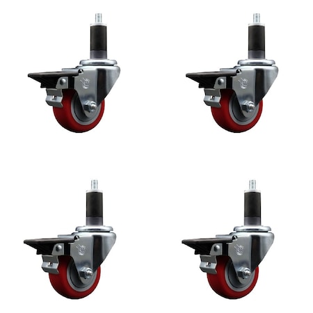 Service Caster 3'' Red Poly Swivel 1-1/4'' Expanding Stem Caster Set with Brake, 4PK SCC-EX20S314-PPUB-RED-PLB-114-4